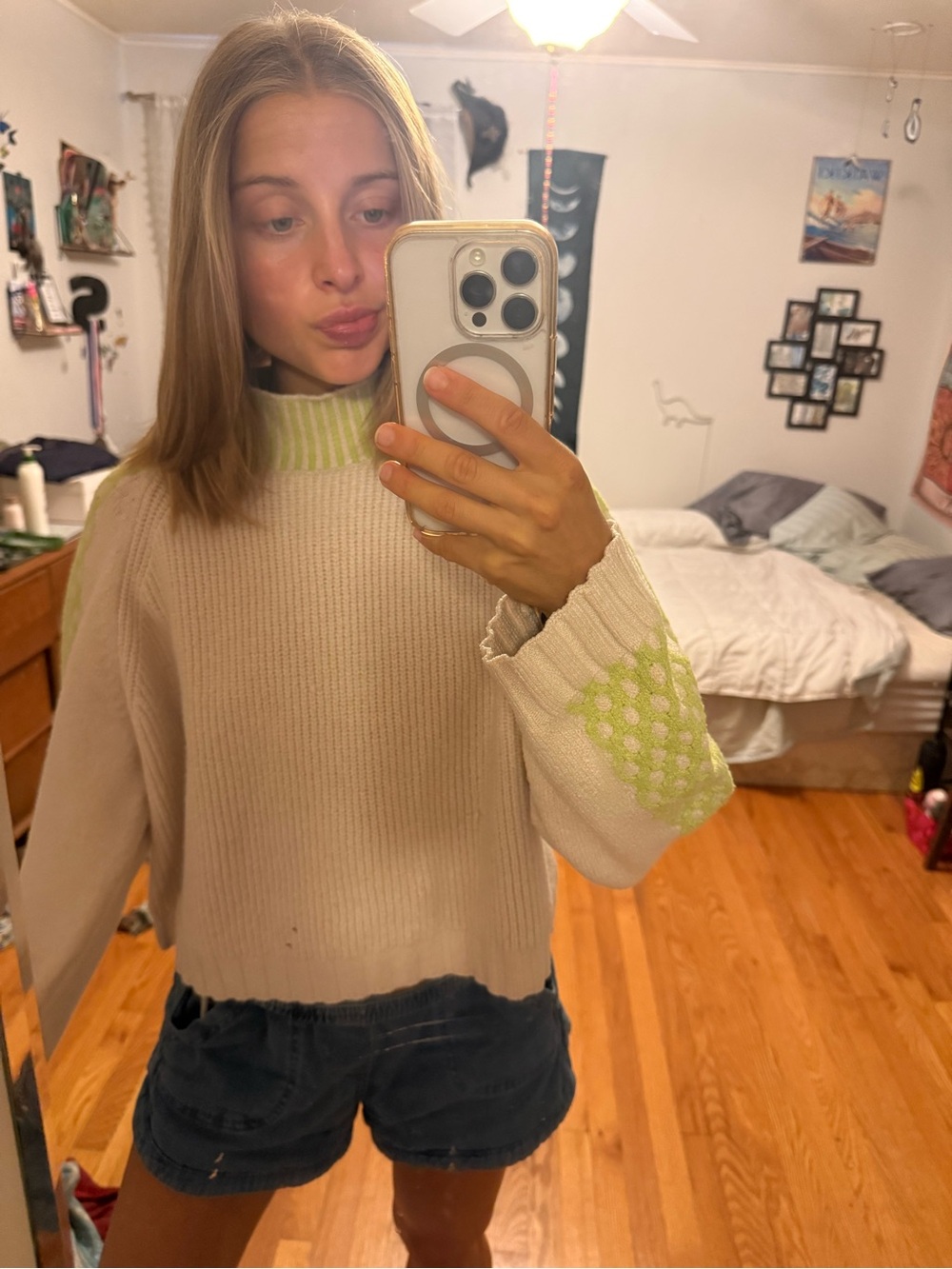 Cream & Light Green Knit Sweater - Soft Crewneck Women's Sweater
